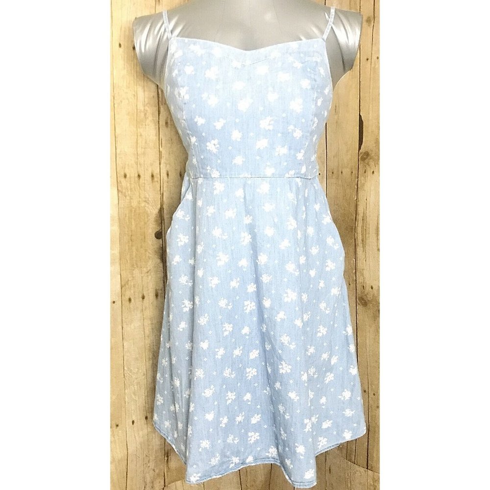 Women's Juniors SO Blue White Floral Fit And Flair Strappy Dress Pockets Sz L